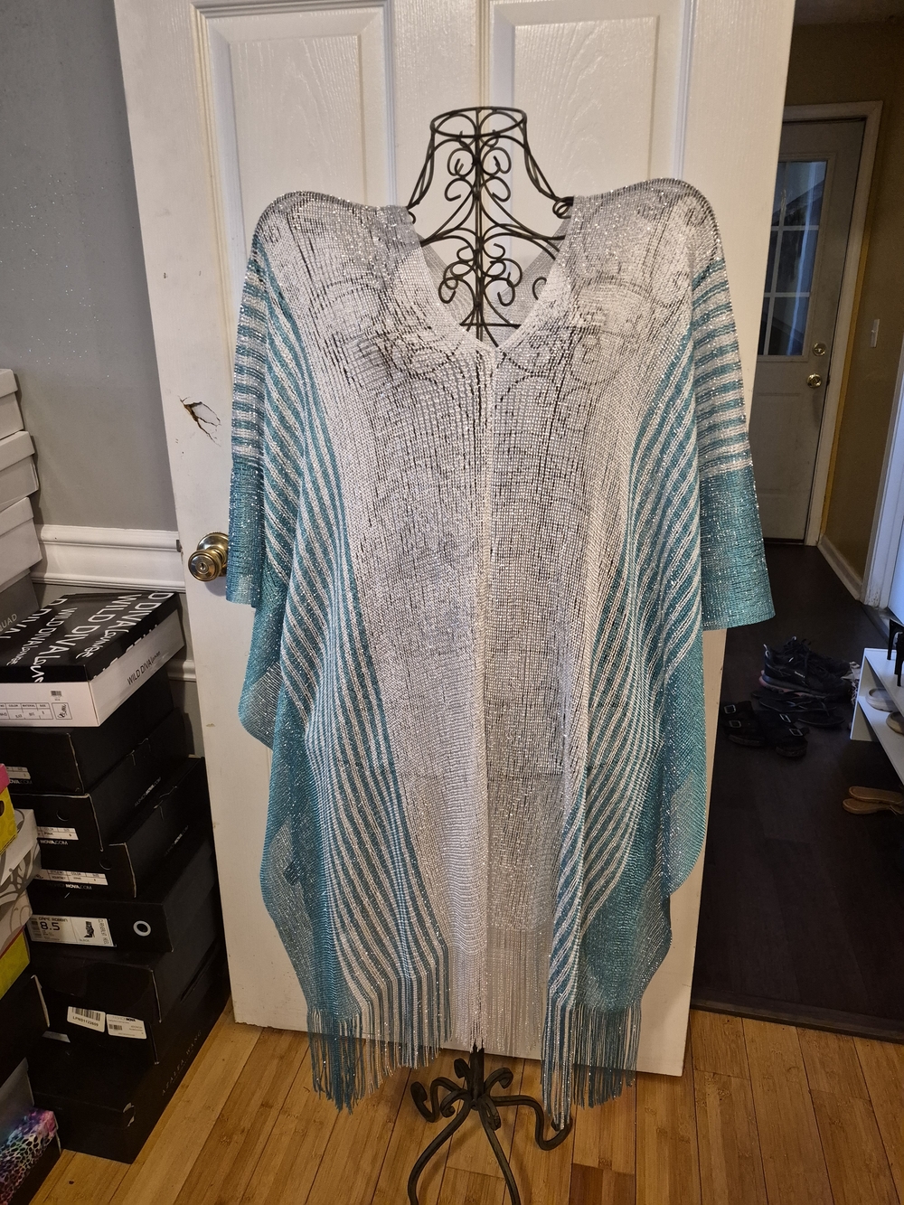 Sheer Metallic Aqua and Silver Striped Kimono-Style Cover-Up